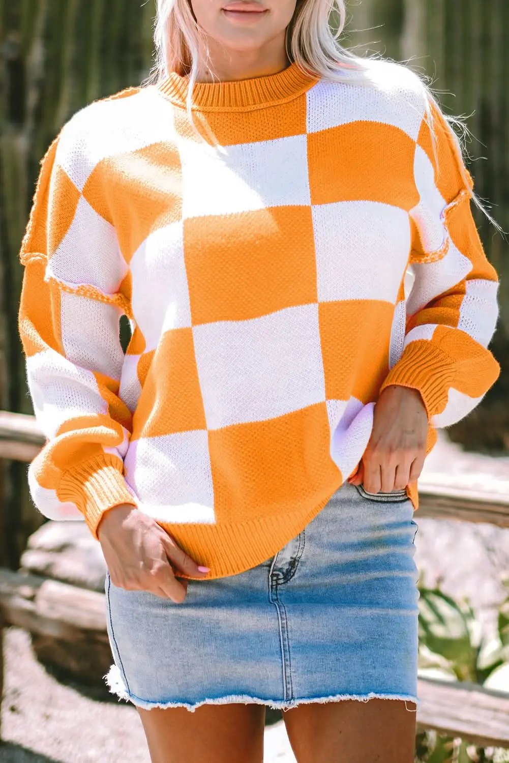 Orange Checkered Bishop Sleeve Sweater - Love Salve